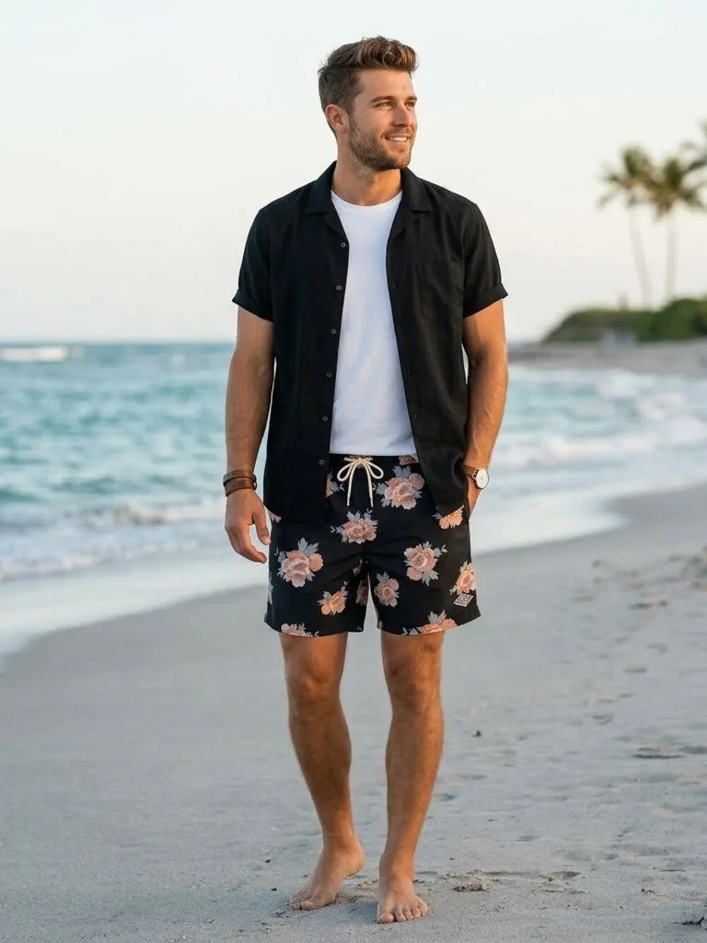 PacSun Black Floral Tropical Swim Shorts Trunks Size L